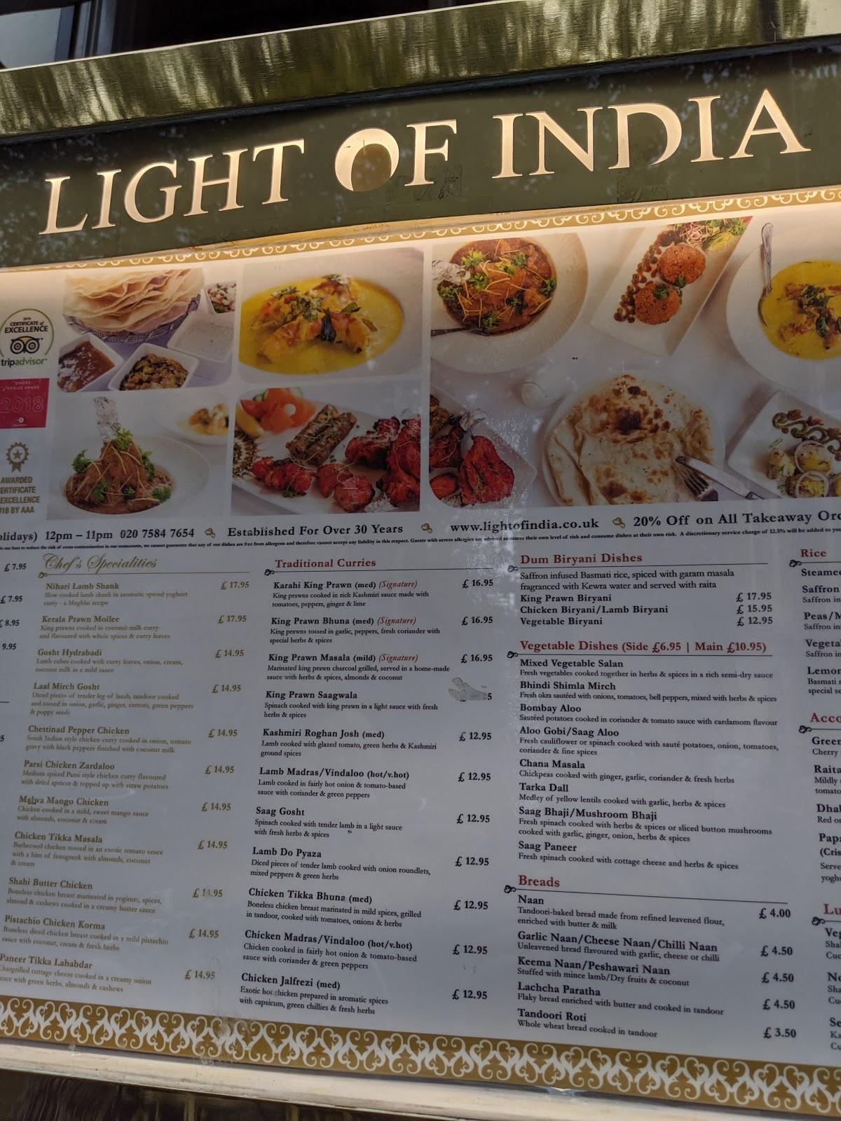 Menu at Light Of India restaurant, London, 6769 Gloucester Rd