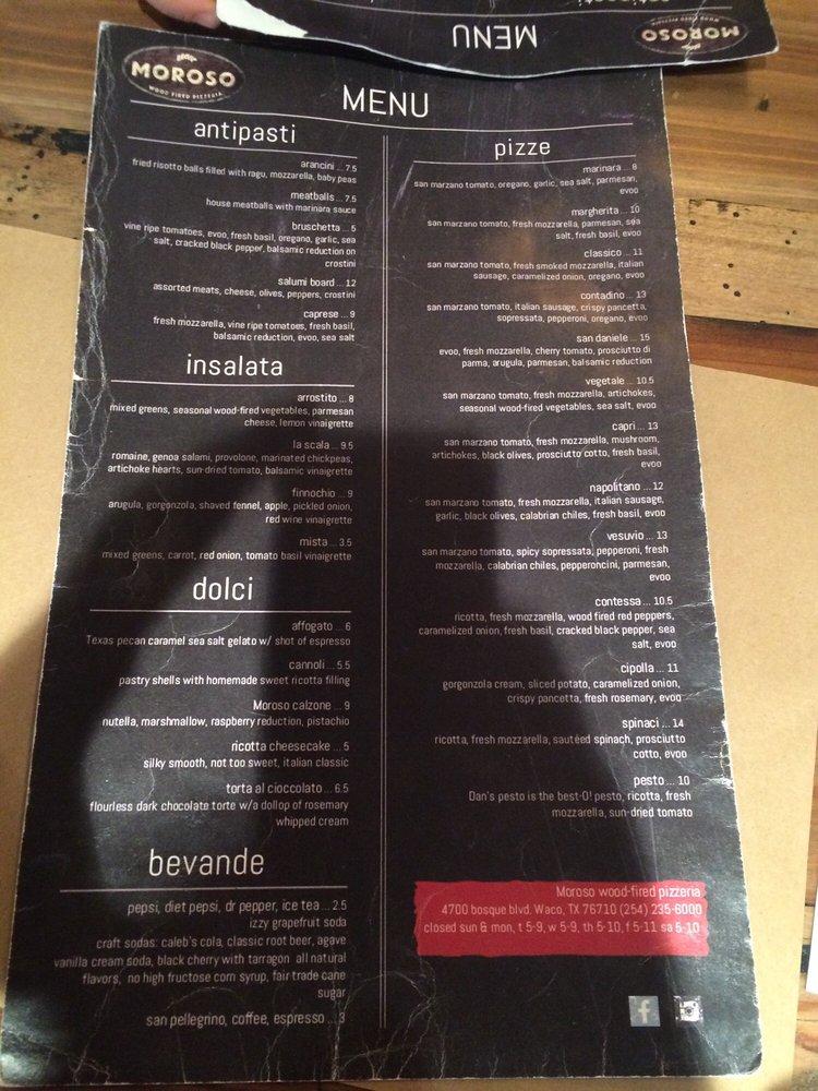 Menu at MOROSO Wood Fired Pizzeria, Waco