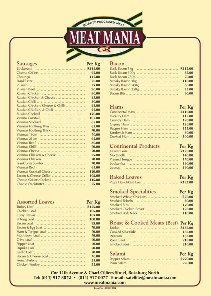 Menu at Satellite Food Emporium & Bakery, Boksburg