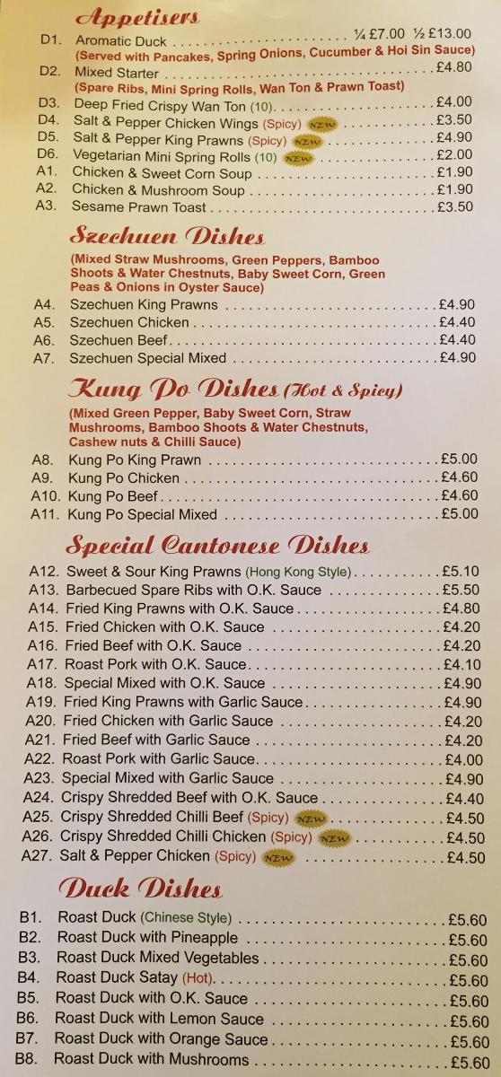 Menu at China Garden fast food, Grimsby