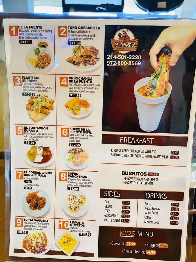 Menu at De La Fuente Tacos de Birria restaurant, Garland