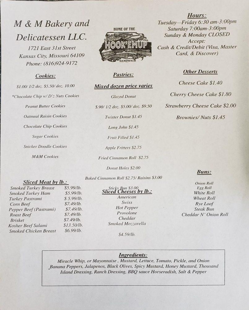 Menu at M & M Bakery & Delicatessen, Kansas City