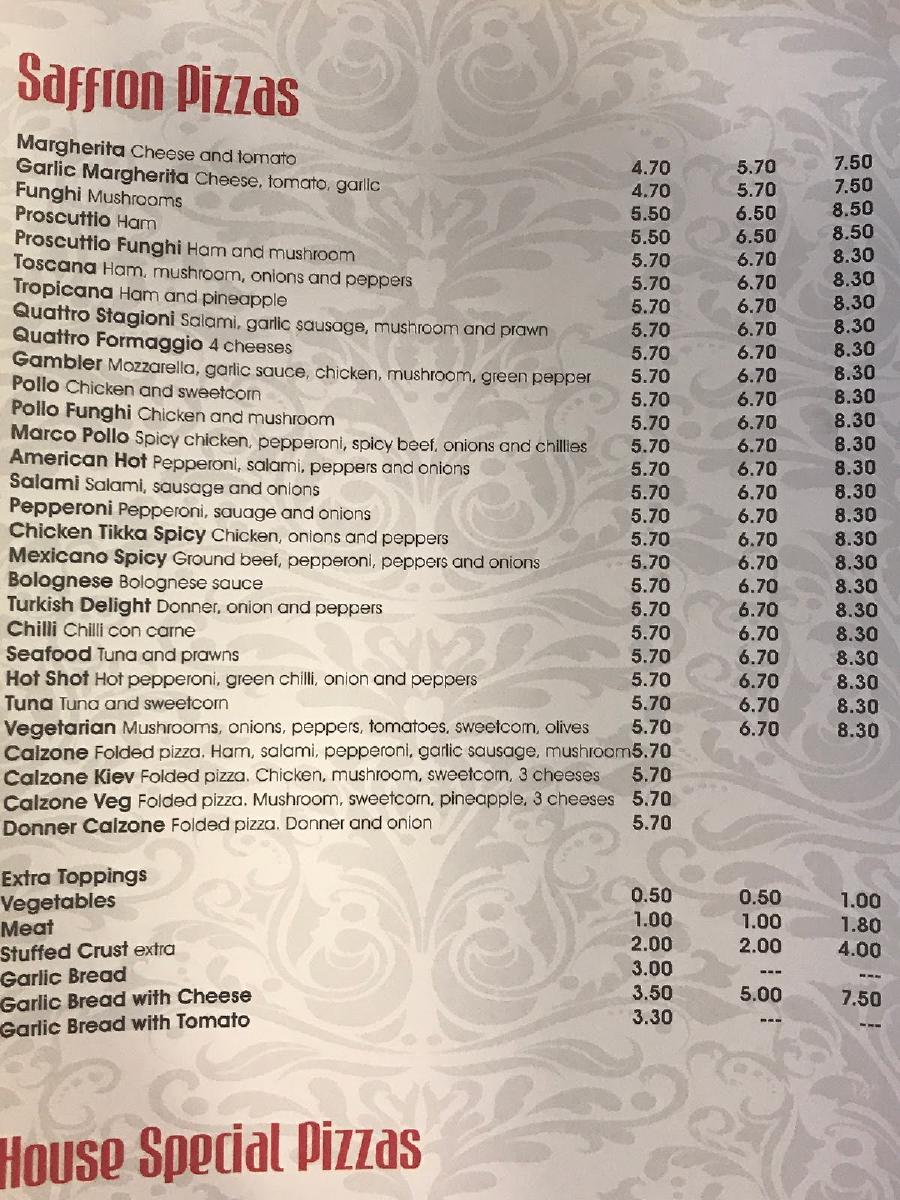 Menu at Saffron fast food, Sowerby Bridge, 21 Oldham Rd