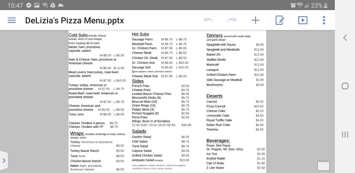 Menu at Delizia's Pizza pizzeria, Long Neck