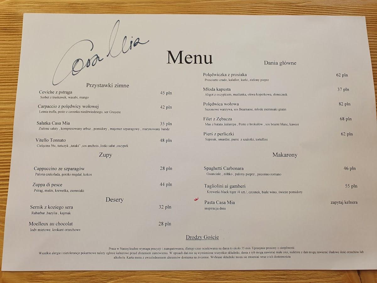 Menu at Casa Mia restaurant, Zakopane