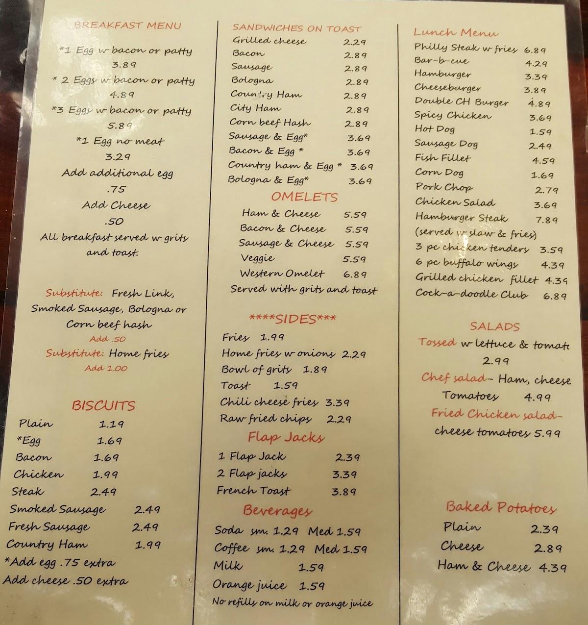 Menu at CockADoodle Cafe, Conway
