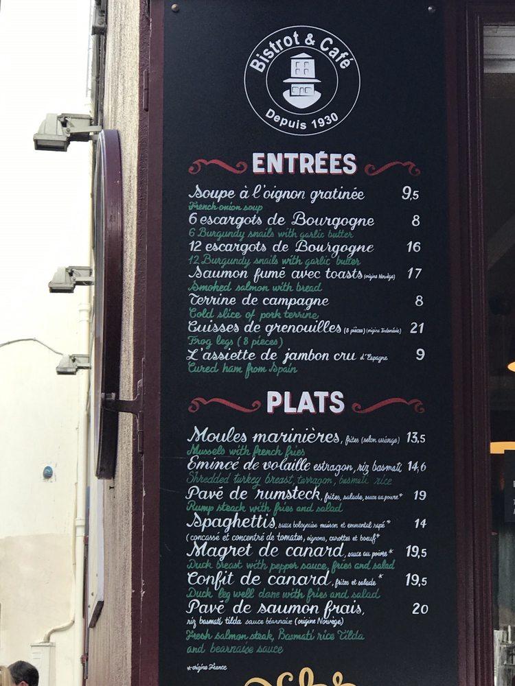 Menu at Le Consulat restaurant, Paris, 18 Rue Norvins