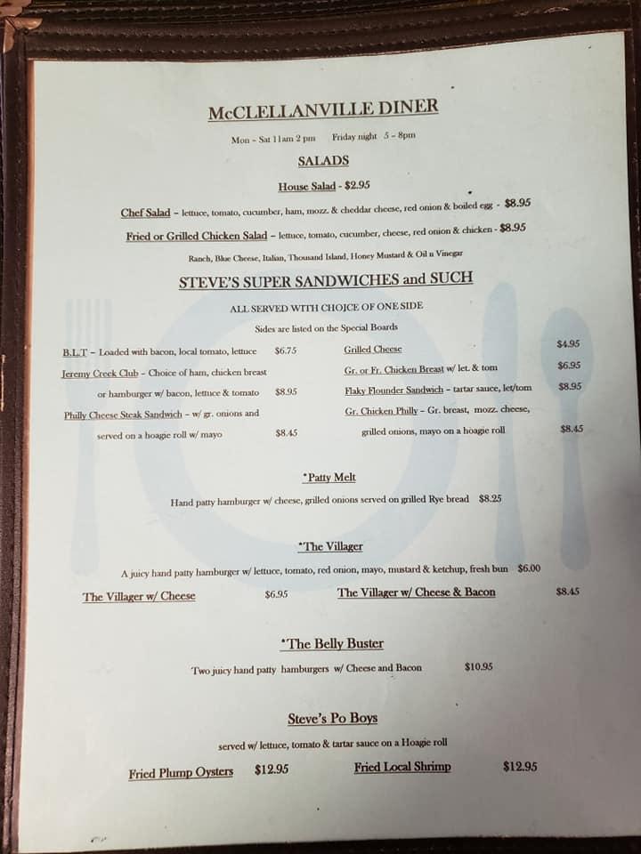 Menu at McClellanville Diner restaurant, McClellanville
