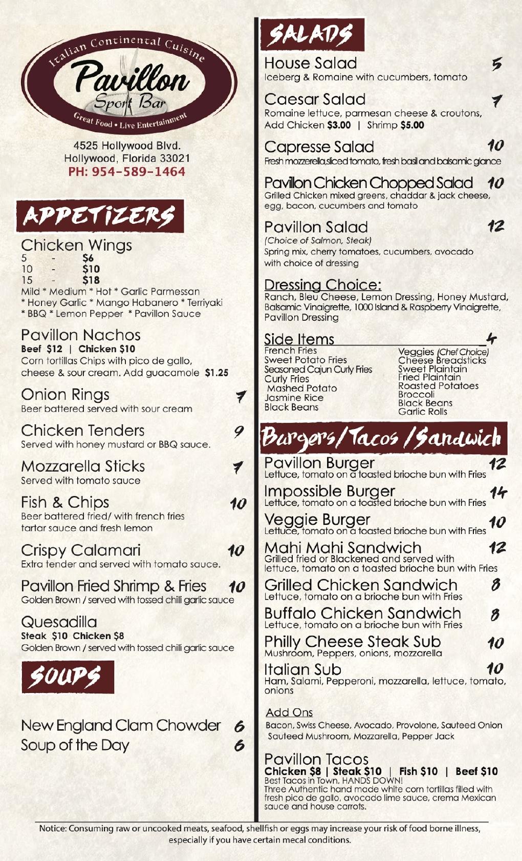 Menu at Pavillon Sports Bar, Hollywood