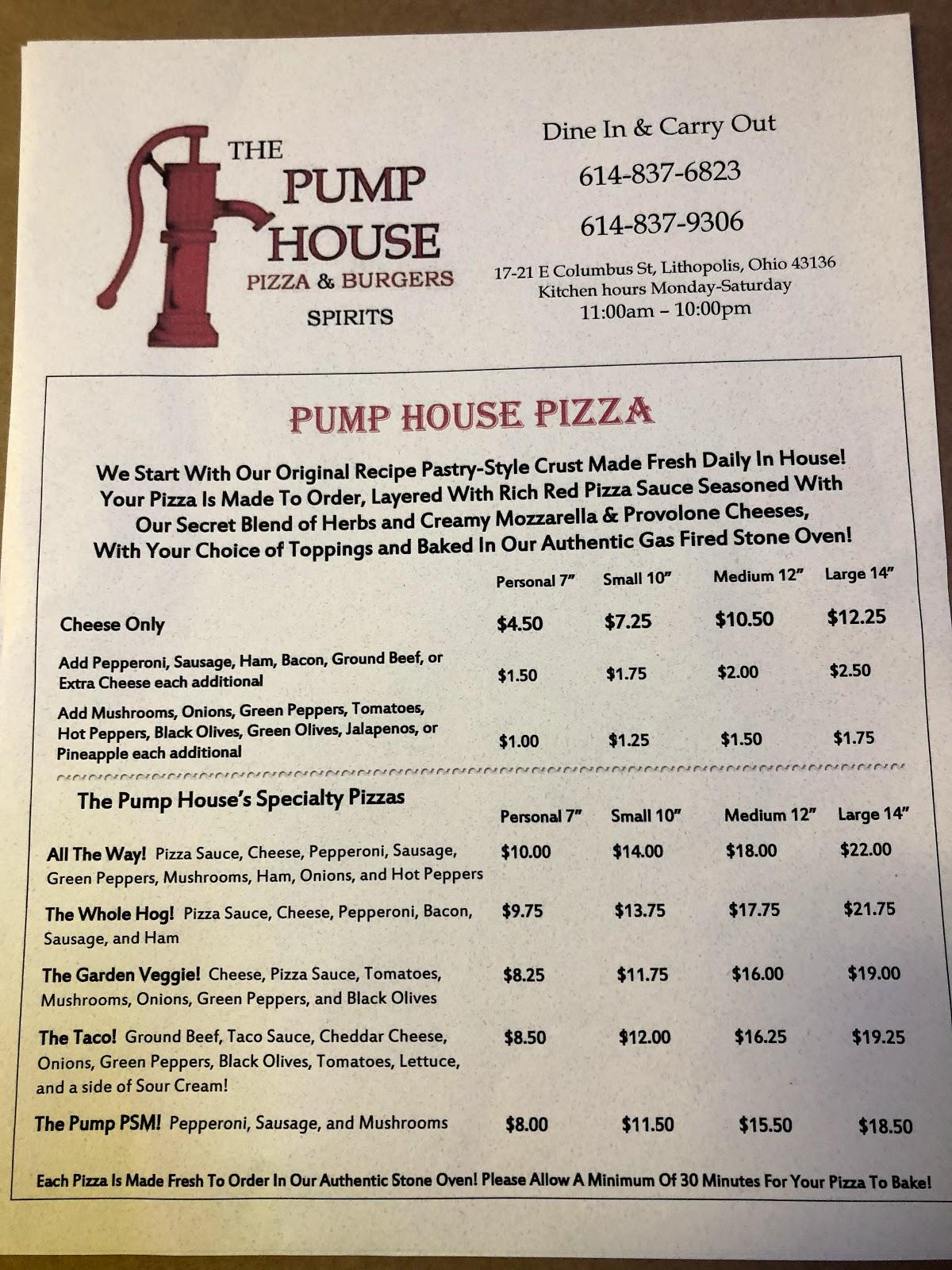 Menu at The Pump House Bar and Pizzeria, Lithopolis