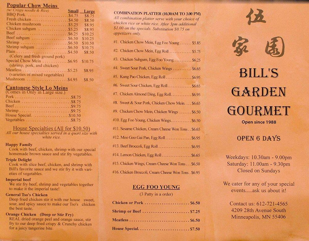 Menu at Bill's Garden Chinese Gourmet restaurant, Minneapolis