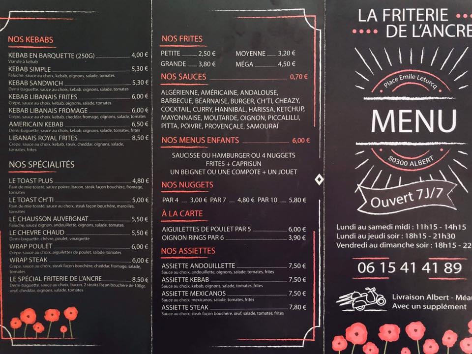 Menu at La Friterie de l'Ancre restaurant, Albert