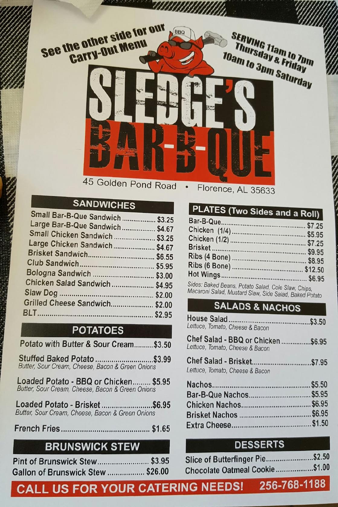 Menu at Sledge's BBQ, Florence