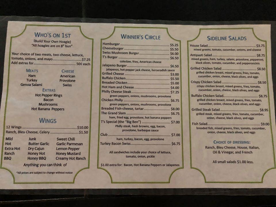 Menu at T's Locker Room pub & bar, Burgettstown
