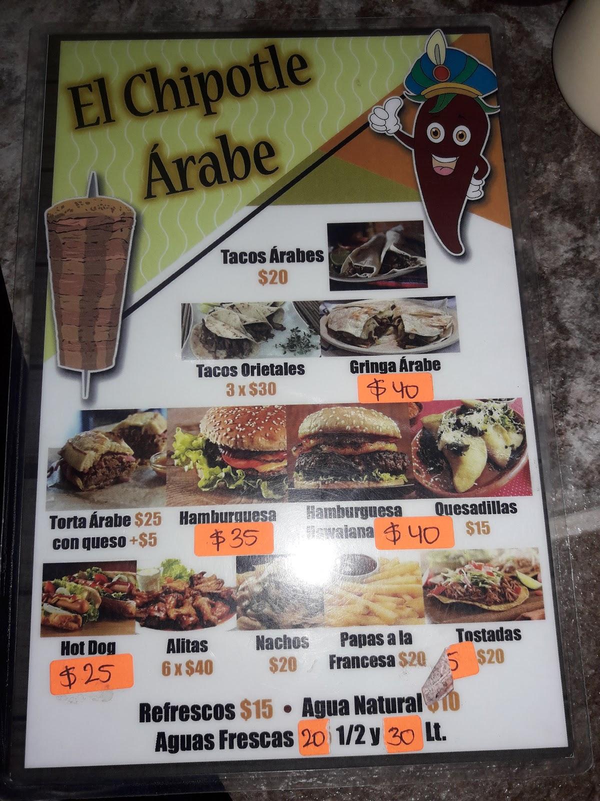 Menu at El Chipotle Arabe restaurant, Mexico City