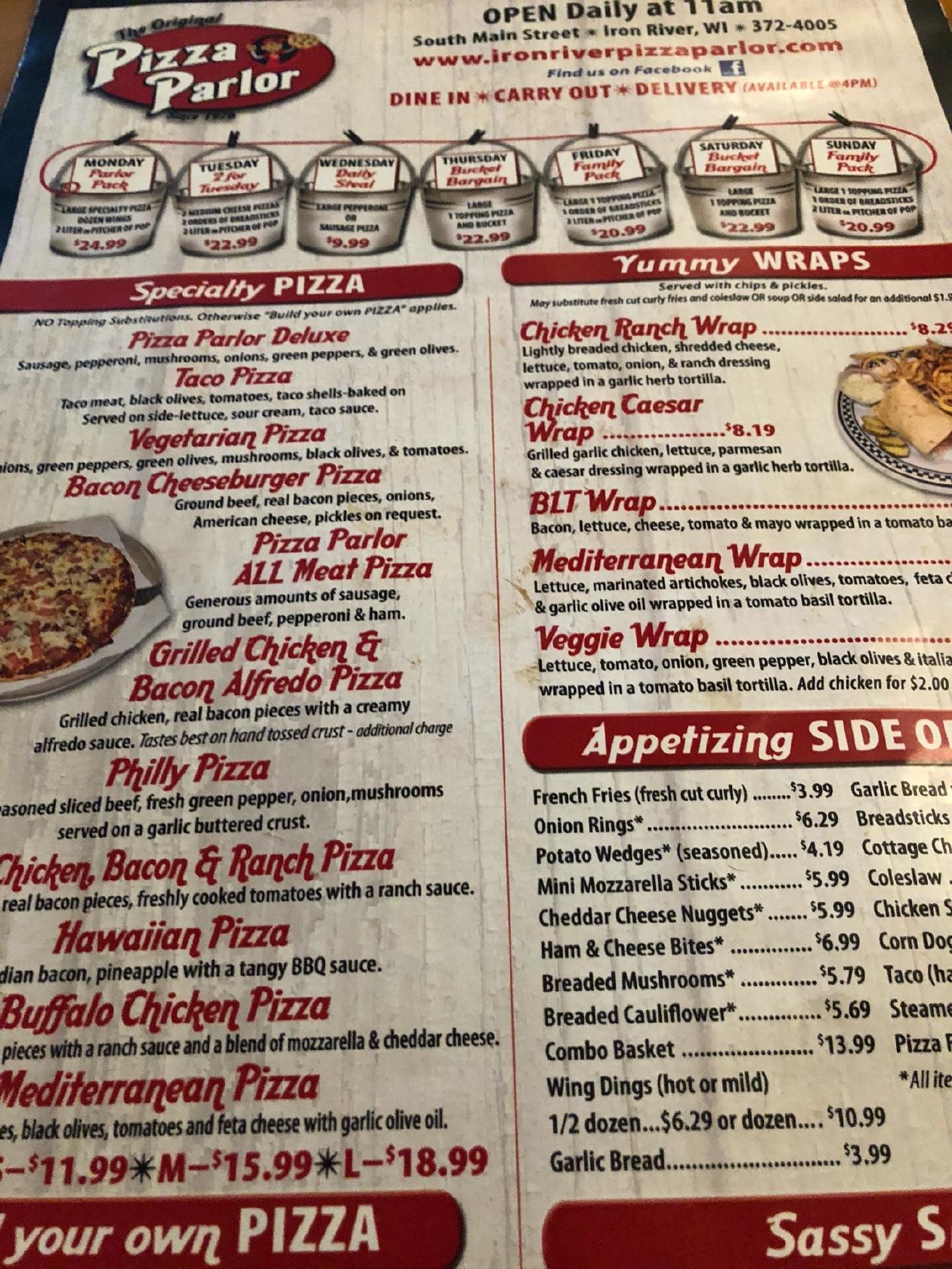 Menu at Iron River Pizza Parlor pizzeria, Iron River