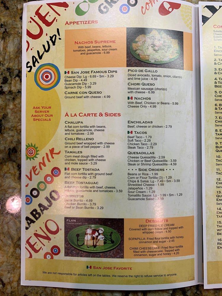 Menu at San Jose Mexican Restaurant, BatesburgLeesville