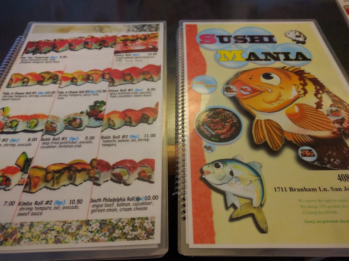 Menu at Sushi Mania restaurant, San Jose