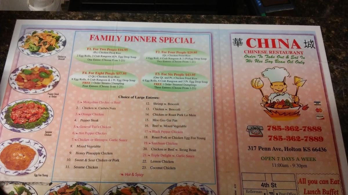 Menu at China restaurant, Holton