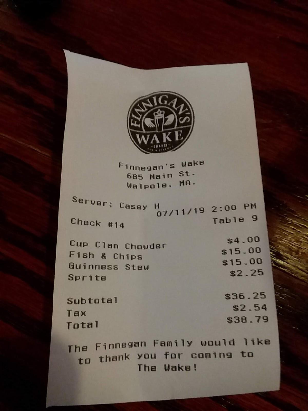 Menu at Finnegan's Wake Restaurant and Pub, Walpole