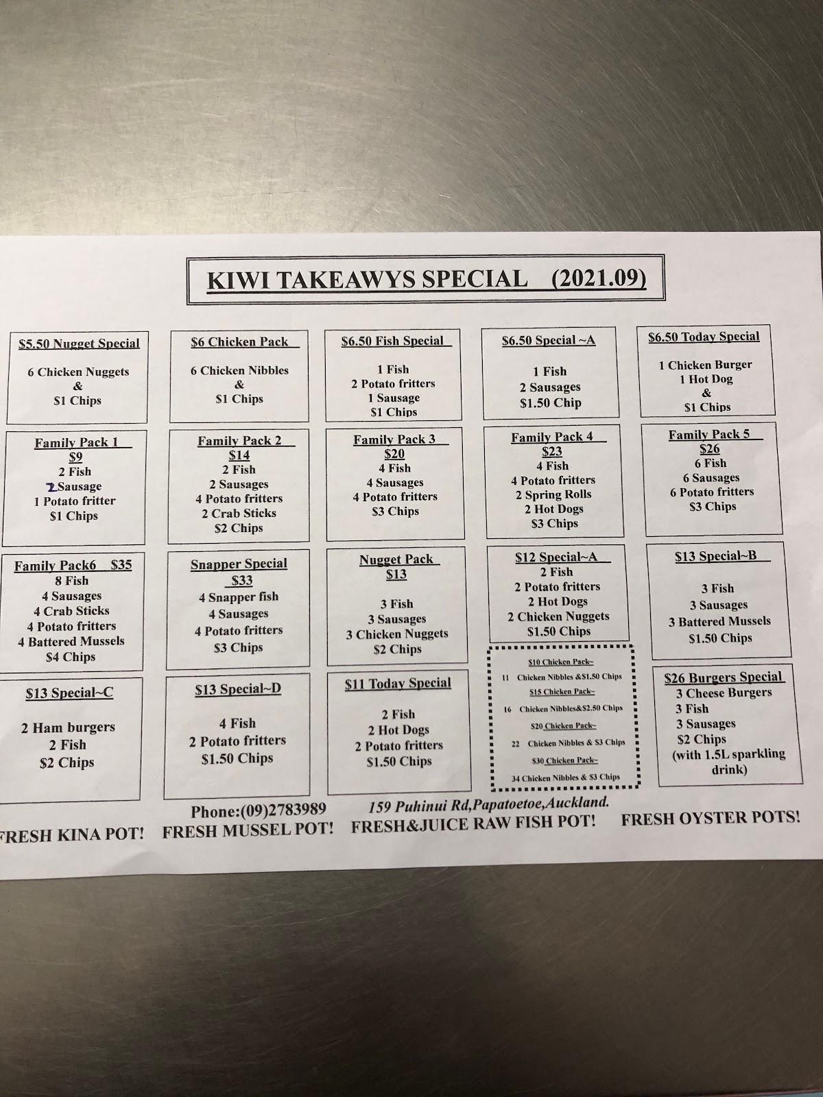 Menu at Kiwi Takeaways restaurant, Auckland