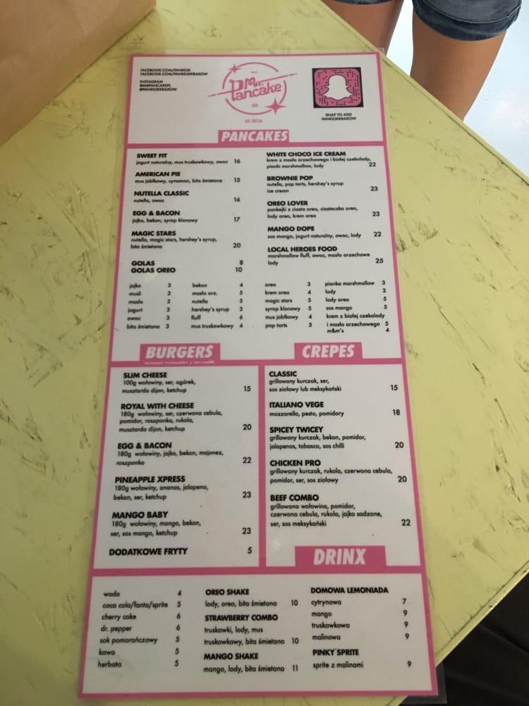 Menu at Mr Pancake. restaurant, Kraków