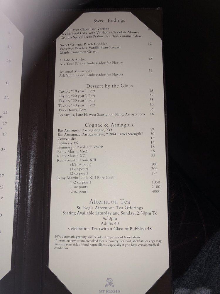 Menu at St. Regis Bar, Atlanta