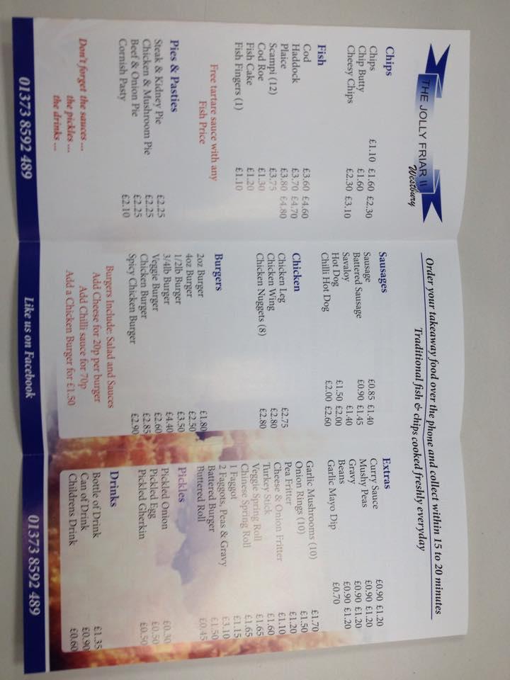 Menu at The Jolly Friar II restaurant, Westbury, 18 Palomino Place