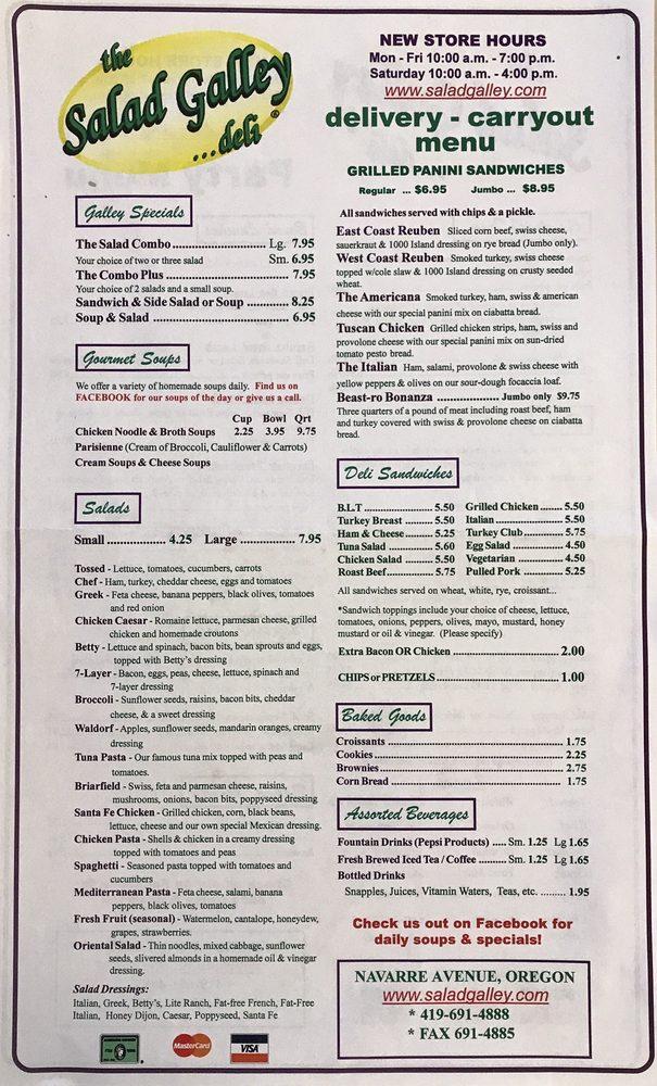 Menu at Salad Galley restaurant, Oregon, Navarre Ave