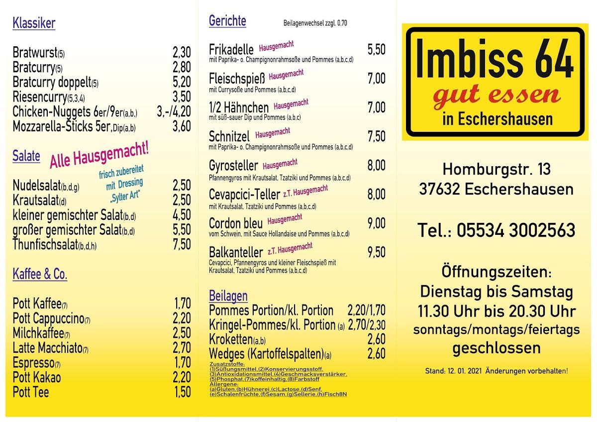 Speisekarte Von Imbiss 64 M. + B. Bönhardt Pub & Bar, Eschershausen