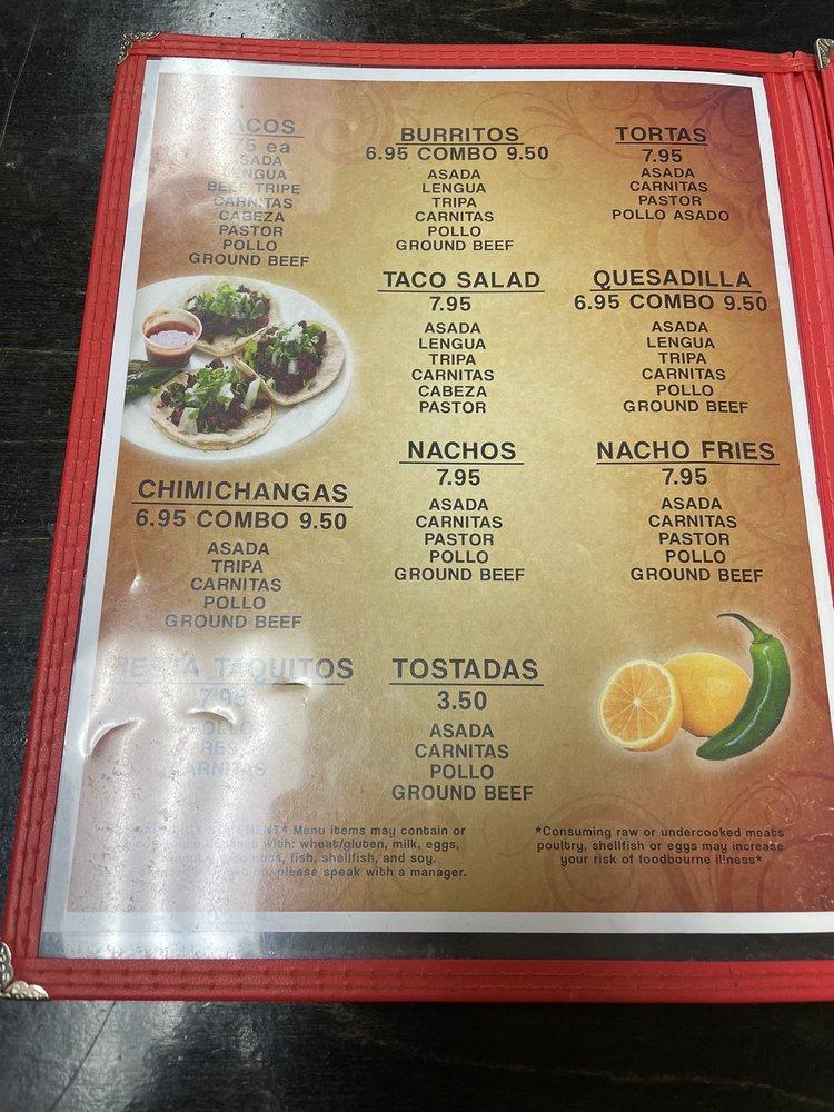 Menu at Johnny's Taco Shop restaurant, Pahrump
