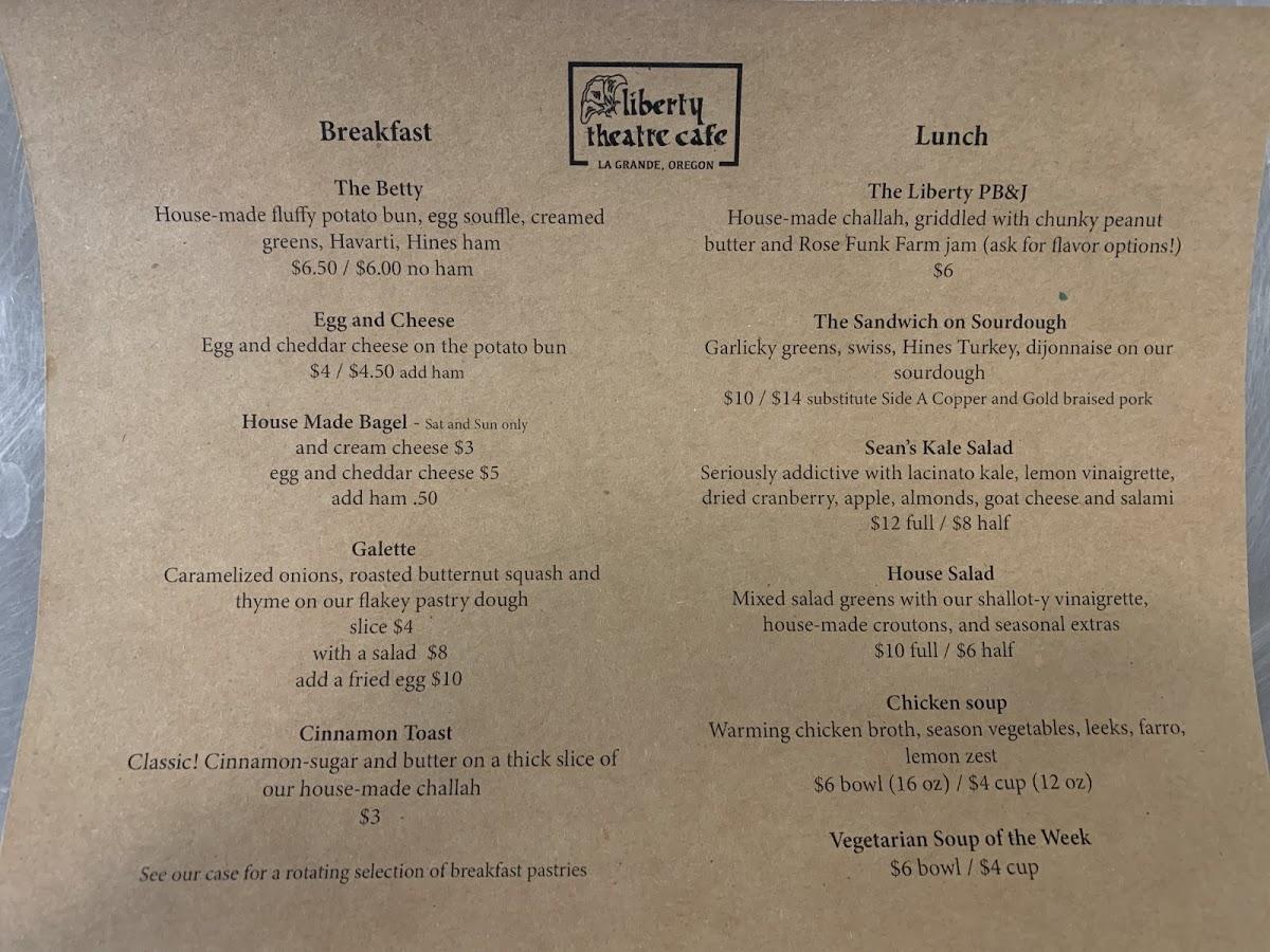 Menu at Liberty Theatre Cafe, La Grande
