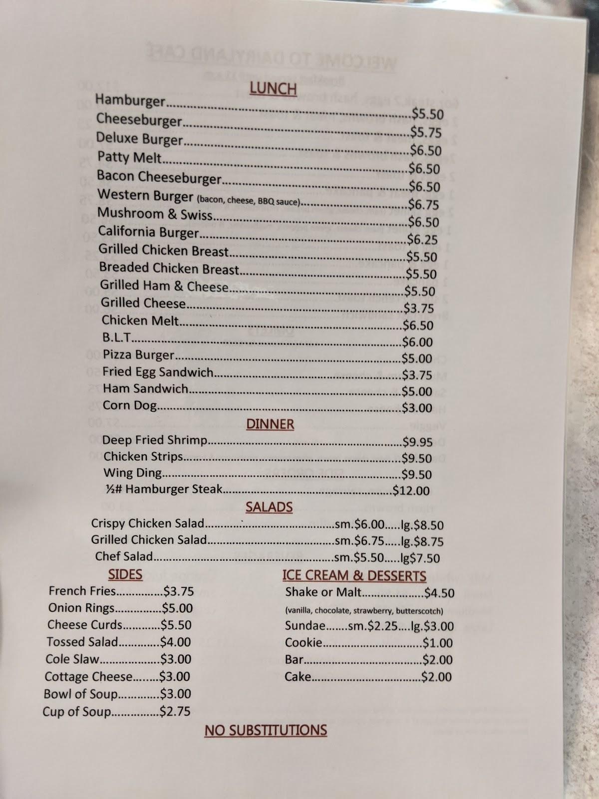 Menu at Dairyland Cafe, Ridgeland