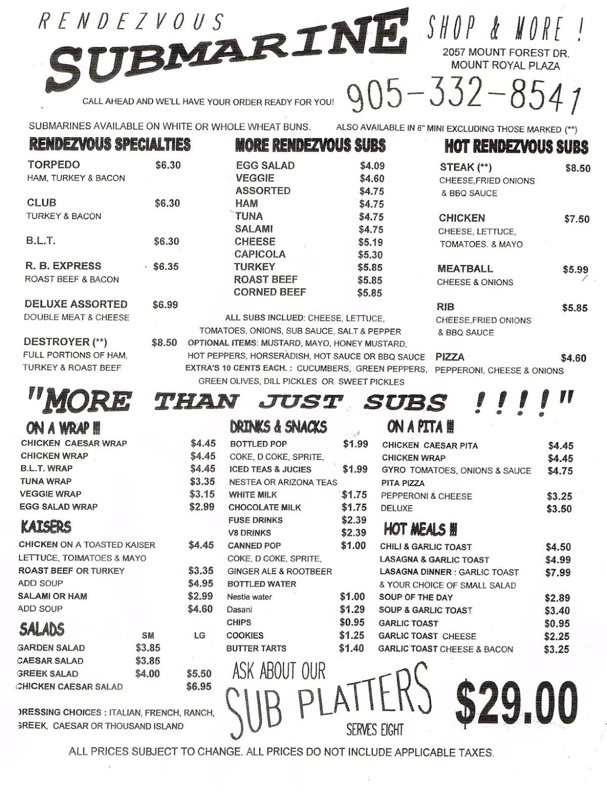 Menu at Rendezvous Submarine Shop fast food, Burlington