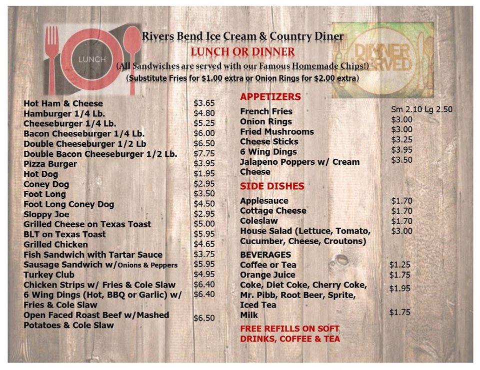 Menu at Rivers Bend Ice Cream & Country Diner fast food, Alliance