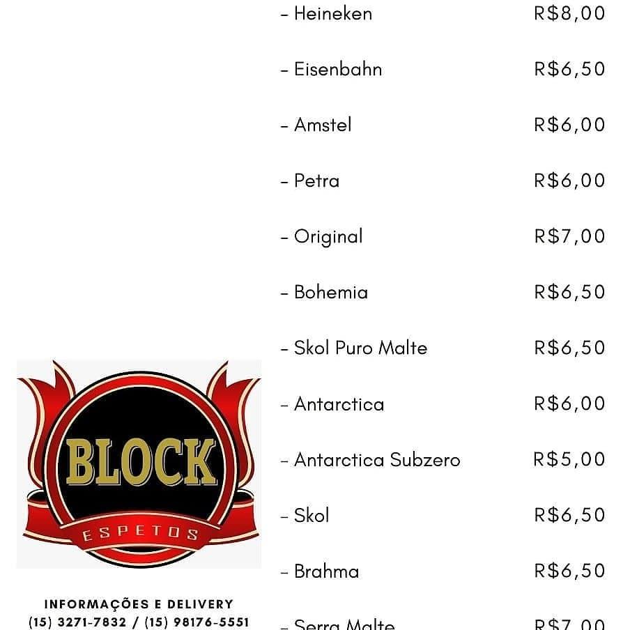 Block Espetos & Petiscaria cardápio