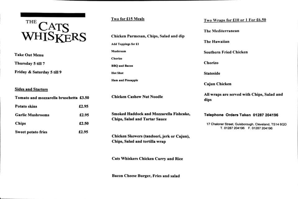 Menu at The Cats Whiskers cafe, Guisborough