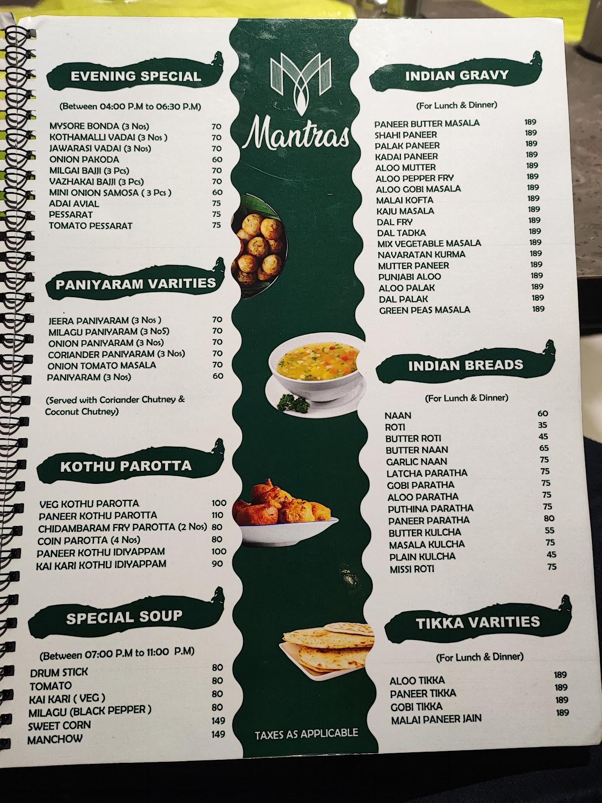 Menu At Mantras Pure Veg Restaurant Chennai