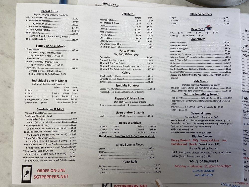 Menu at Sgt Pepper's Chicken restaurant, Martinsville