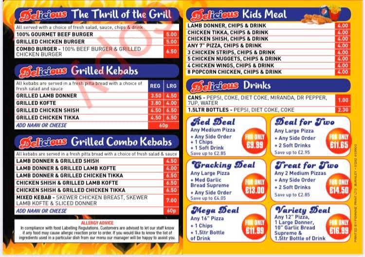 Menu at Delicious Pizza & kebab burnley pizzeria, Burnley