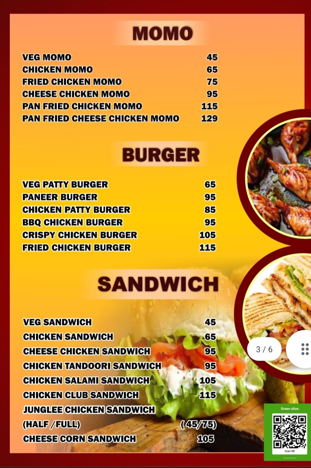 Menu at Green Olive, Chandannagar