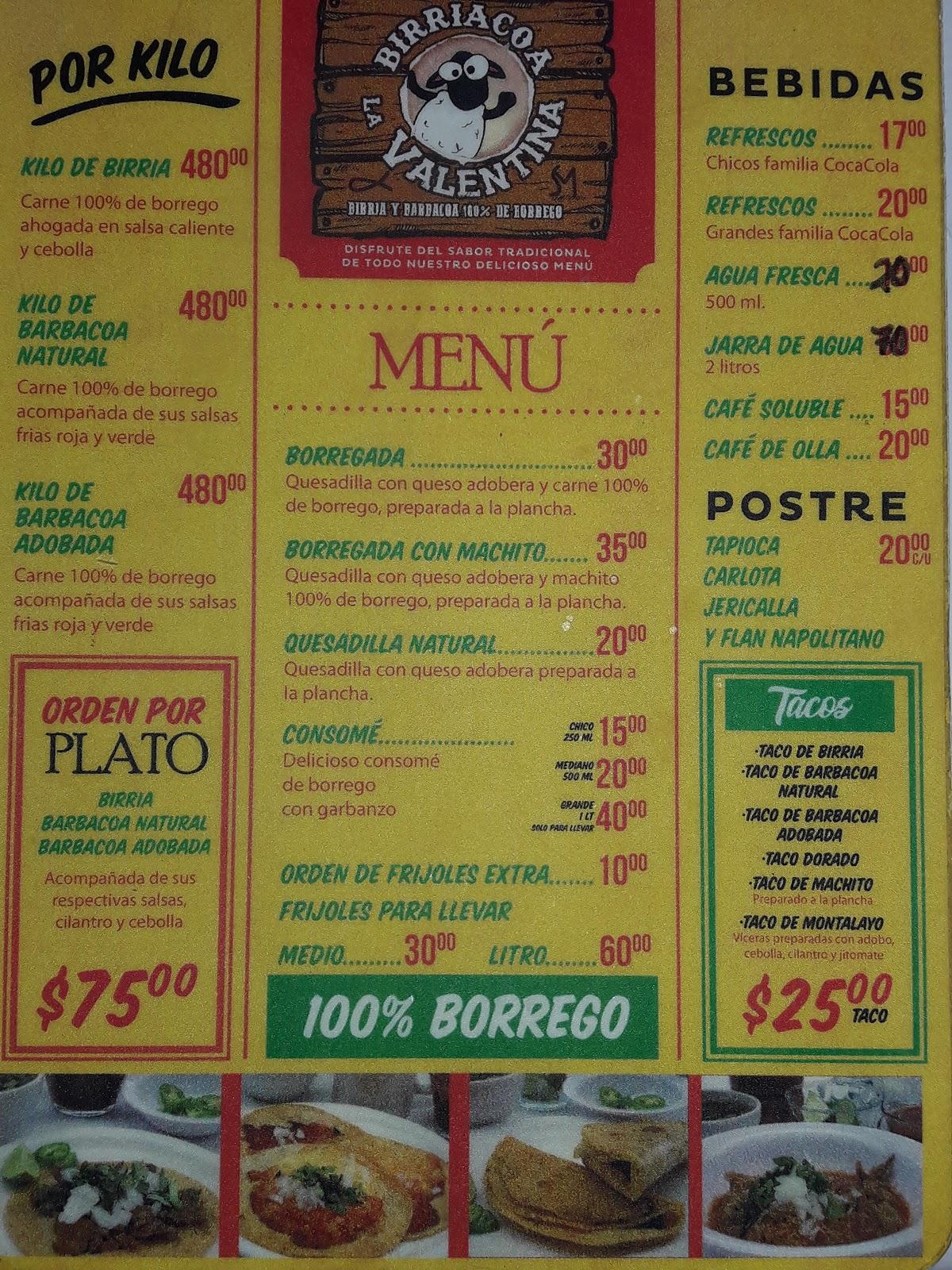 Menu at Birriacoa La Valentina restaurant, Aguascalientes, Av