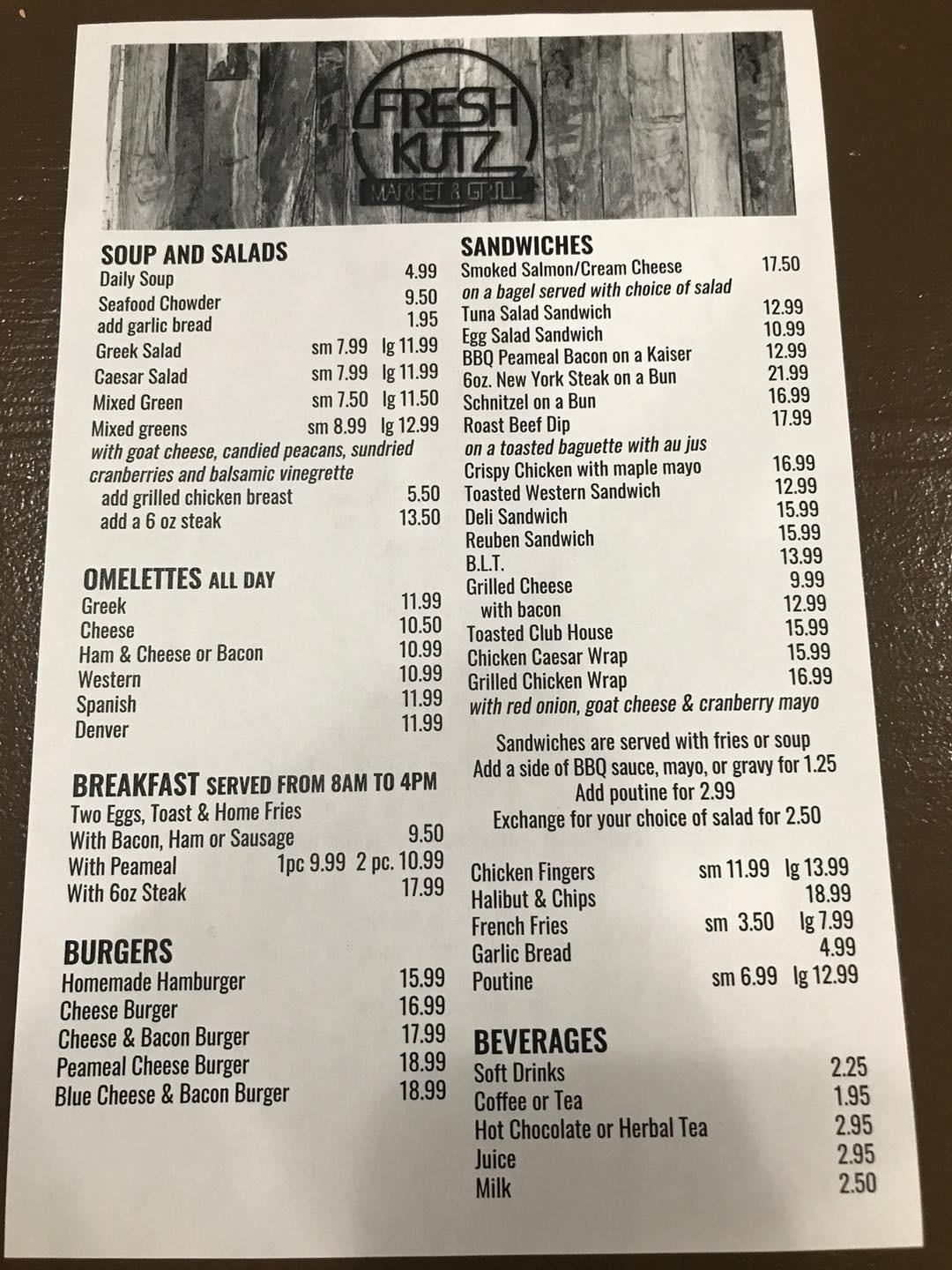 Menu at Fresh Kutz Market & Grill restaurant, Bracebridge
