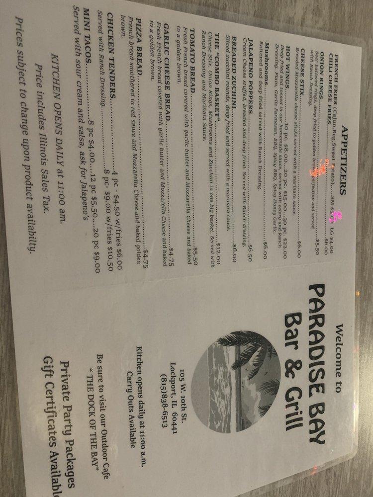 Menu at Paradise Bay Bar and Grill, Lockport