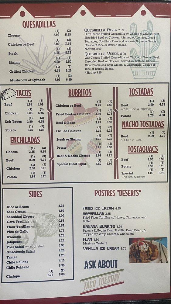 Menu at Pedro's Mexican Restaurant, Irmo