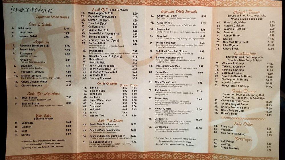 Menu At Summer Hokkaido Steakhouse Danville