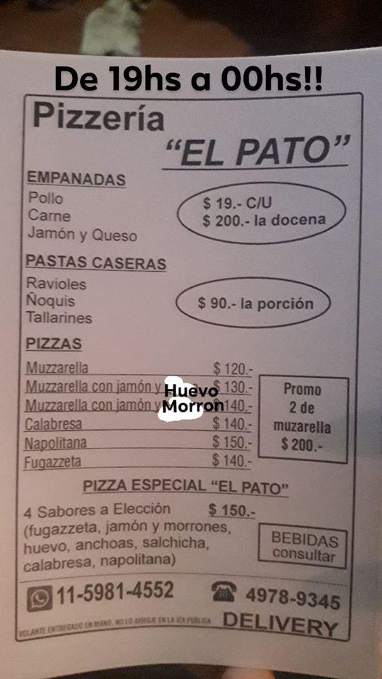 Menu at Pizzeria el pato, Tigre