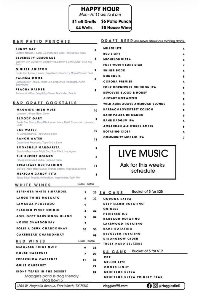 Menu at Maggie's RnR pub & bar, Fort Worth