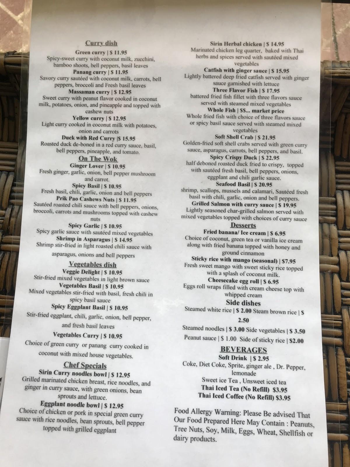 Menu at Sirin Thai SC restaurant, Greenville