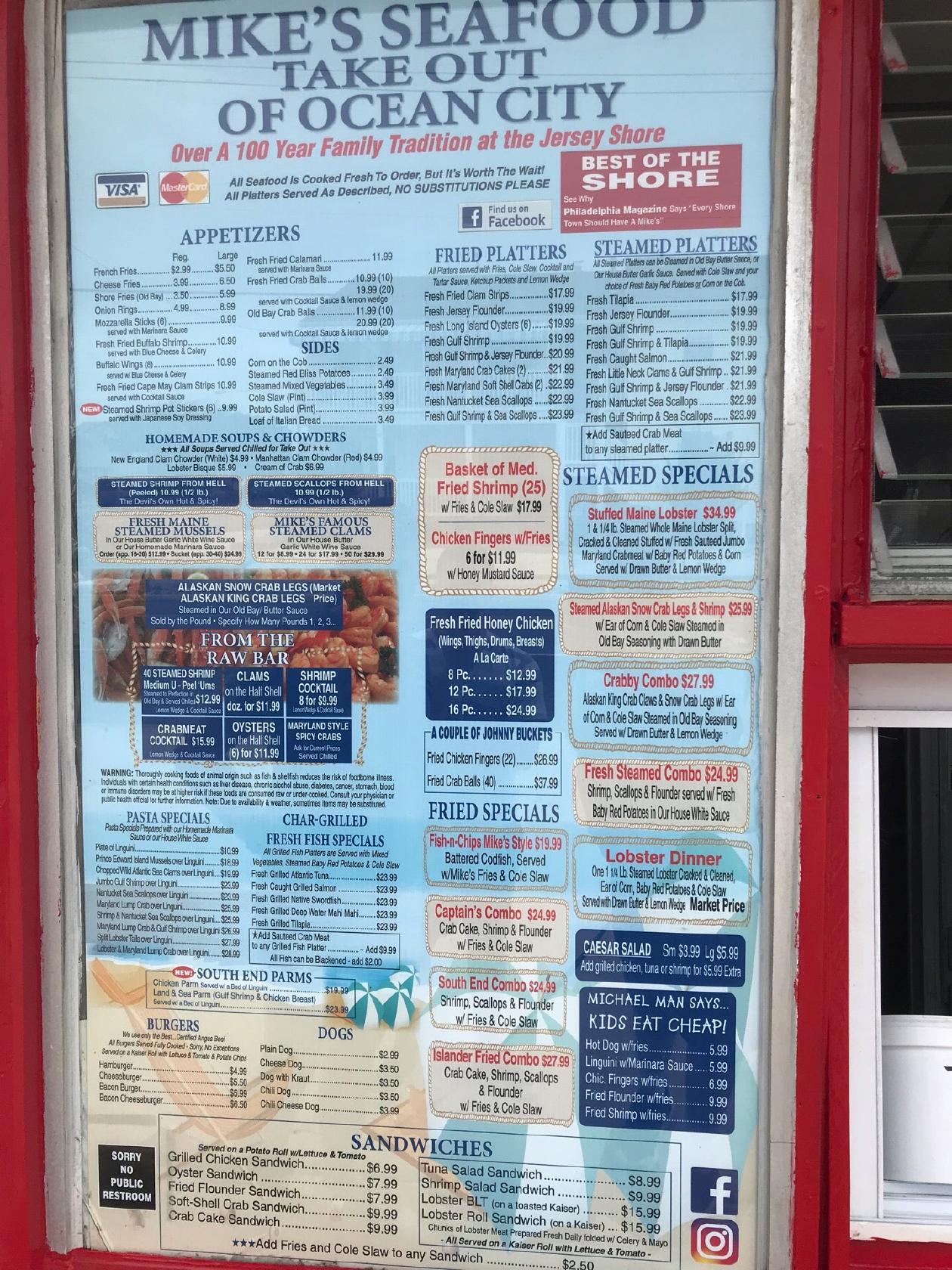 Menu at Mike's Seafood of Ocean City restaurant, Ocean City